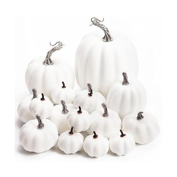 DomeStar 16PCS Artificial White Pumpkins, Assorted Sizes Fake Pumpkins Faux Rustic Harvest Pumpkins Farmhouse Pumpkins for Halloween Thanksgiving Fall Autumn Season Harvest Decorations