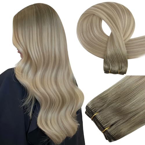Easyouth Sew in Hair Extensions Real Human Hair Ombre Human Hair Weft Extensions Medium Brown Fading to Brown Mix Platinum Sew in Hair Extension Human Hair for Short 70G 14 Inch