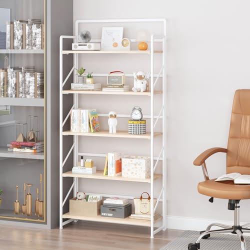 Image of JSB Folding Bookshelf,Industrial Storage Shelves, No Assembly Vintage Wood Look Bookshelf with Storage Shelves for Living Room, Bedroom, Office (White, Wide 5-Tier)