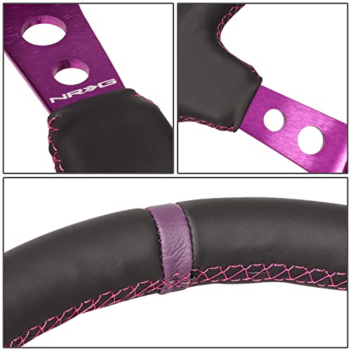 Image of NRG Innovations NRG-RST-006PP Reinforced Steering Wheel 350MM Sport Steering Wheel (3 inch Deep), Black Leather, Purple Center Mark with Purple Stitching