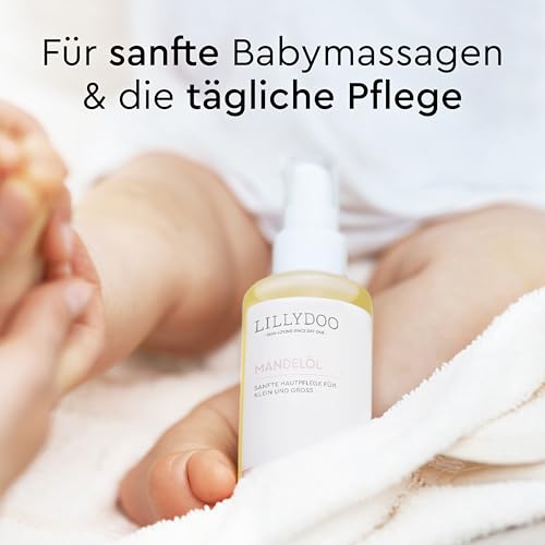 LILLYDOO parfürmfreies Babyöl Mandel, 99% reines Mandelöl kaltgepresst mit Vitamin E zur Babypflege, vegane Naturkostmetik, Dermatest sehr gut in hochwertiger Glasflasche (100ml)