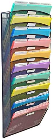 Ultimate Office Mesh Wall File Organizer, 10 Tier Vertical Mount Hanging File Sorter. Multipurpose Display Rack Includes 18, 3rd Cut PocketFile Clear Document Folder Project Pockets (Black)