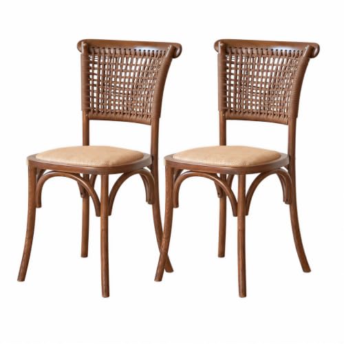 YESWOOD Lot de 2 Chaises de Salle à Manger en Chêne Blanc Massif, Assise Tressée en Rotin Naturel, Dossier en Corde Kraft Double Face, Style Vintage,...