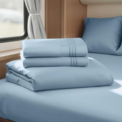 Image of Nestl Stone Blue Short Queen Sheets for RV, Hotel Luxury RV Queen Sheets Set, 4 Piece Fitted Bed Sheet Set and Pillowcases, Super Soft, Wrinkle-Free, and Breathable Camper Bedding