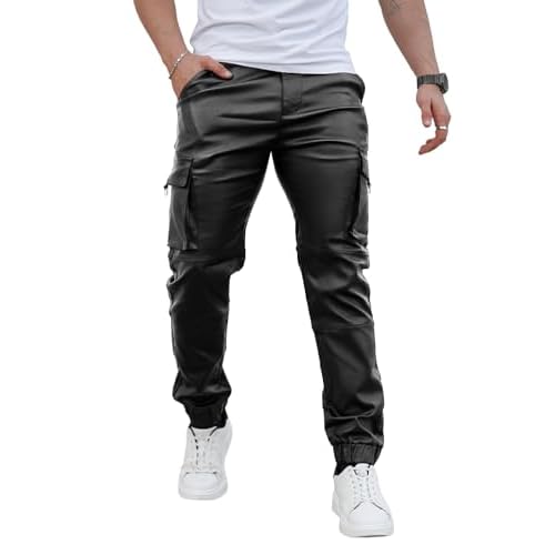 GINGTTO Mens Cargo Pants Joggers Leather Pants for Men Slim Fit 35W x 28L Black