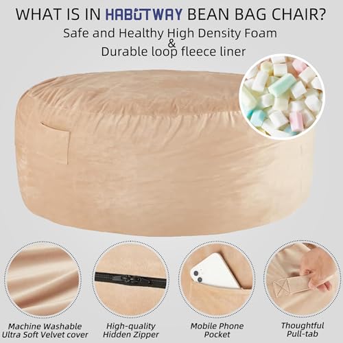 HABUTWAY Bean Bag Chair: Giant 5' Memory Foam Furniture Bean Bag Chair with Microfiber Cover - 5Ft, Khaki