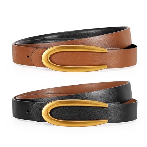 KASBAH Reversible Leather Belts For Women with Gold Buckle Fashion 2-Sided Belt Ladies Waist Belt for Jeans Dresses Pants