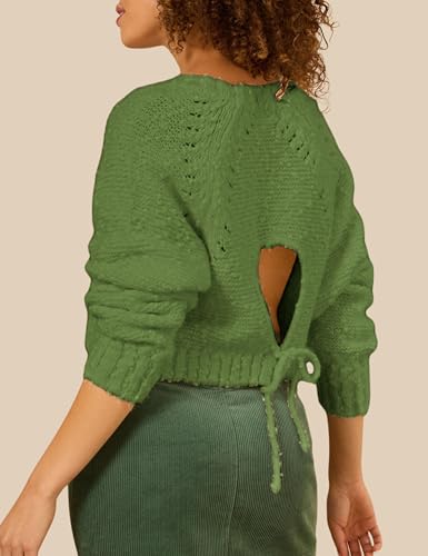 InterNos Women's Open Tie Back Pullover Sweater Popcorn Crew Neck Backless Bow Tie Knitted Crop Tops4