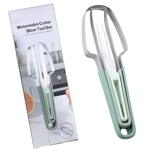 3-in-1 Watermelon Fork Slicer Cutter,Watermelon Cutter Slicer Tool,Stainless Steel Watermelon Windmill Cutter,Melon Cutter Knife Portability Fruit Fork for Kitchen, picnicking (Green)