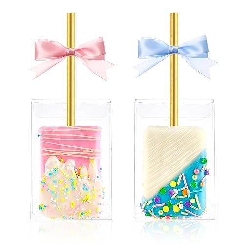 Jutieuo 45 PCS 3.5x2.4x1.38 Inches Clear Rice Krispie Treat Boxes with Hole Individual Cakesicle Boxes Transparent PET Plastic Candy Macaron Boxes Baby Shower Party Favors Box