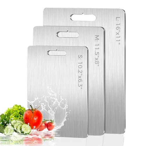 3 Pack 304 Stainless Steel Cutting Board, Upgraded Food-Grade Cutting Boards for Kitchen,Double-Sided Non Toxic Cutting Board, Dishwasher Safe, kitchen Appliances for Fruits, Vegetables, Meat(S+M+L)