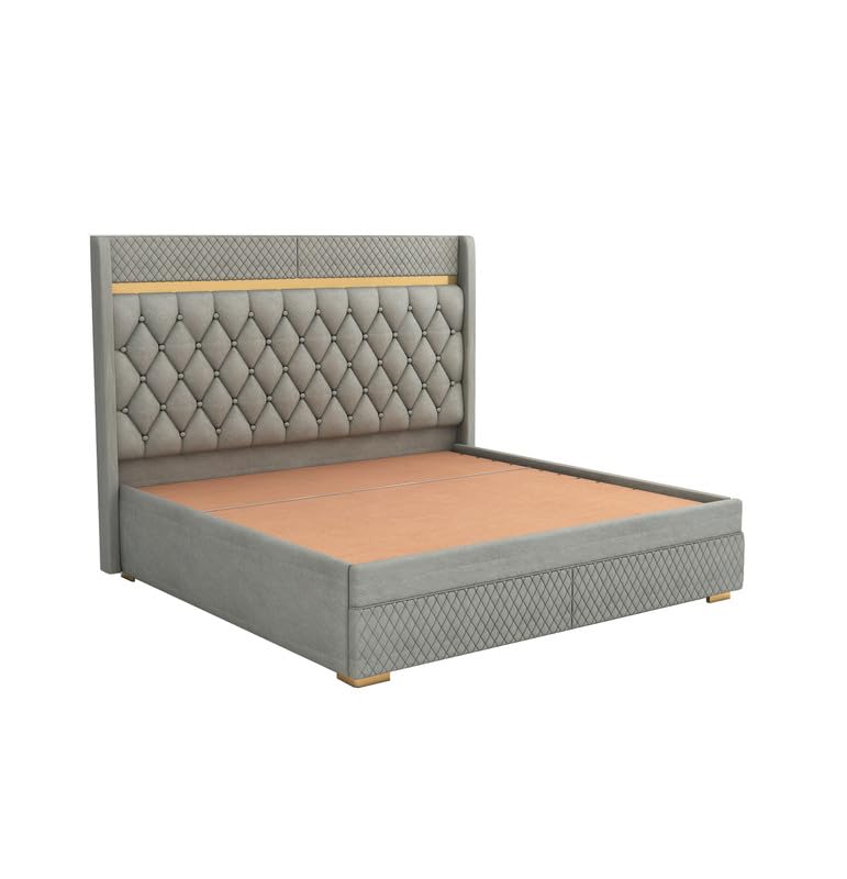 Image of MAMTA DECORATION Solid Wood Queen Size Bed with Hydraulic Box Storage | Premium Velvet Upholstered Tufted Headboard Double Bed | Wooden Cot Bed for Bedroom, Home, Hotel & Guest Room | Grey Finish