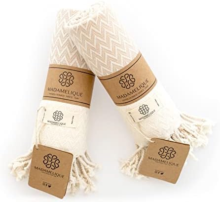 Madamelique Exclusive Hand Towels Set of 2 - 18 x 40 Inches - Decorative Bathroom Peshtemal Towel for Hand, Face, Hair, Yoga, Tea, Dishcloth, Kitchen and Bath - 100% Pure Cotton (Beige)