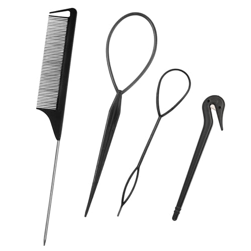 Hair Loop Styling Tool Set with,4pcs Hair Styling Tools for Girls,Tail Hair Tools,Topsy Tail Hair Tools,Rat Tail Combs for Braiding Styling Hair Pull Through Tool,for Children Girls