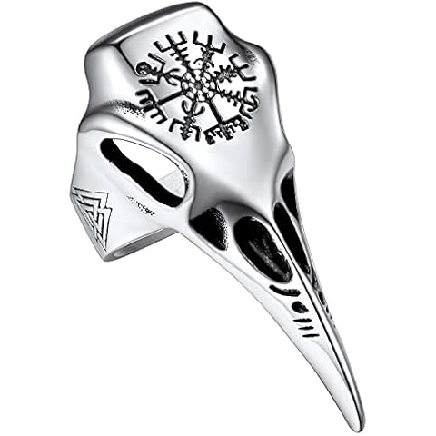 FaithHeart Men's Vegvisir Pinky Rings Stainless Steel Punk Raven Skull Finger Ring Charms for Female 02. Compass-Silver Cover