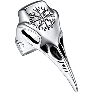FaithHeart Punk Animals Rings for Men, Gothic Viking Raven/Octopus Stainless Steel Ring Cool Statement Rings with Gift Box 02. Raven with Compass-Silver 11