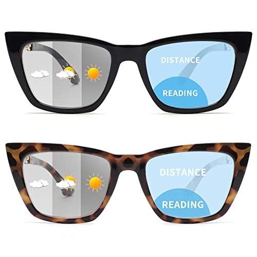 JM 2 Pack Photochromic Bifocal Reading Sunglasses for Women, Cat Eye Blue Light Glasses, Black & Tortoise +2.5
