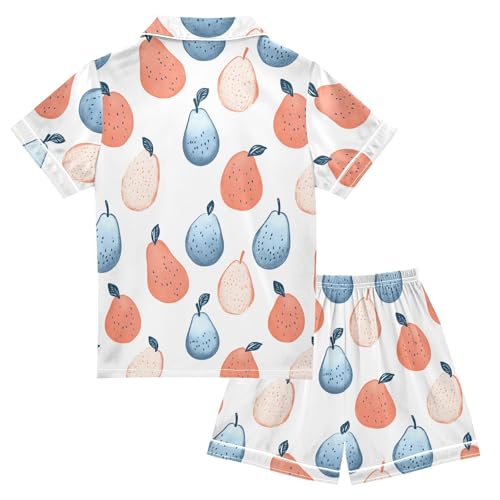 Pear Colorful Prints Summer Satin Pajama Set, Cute Button-Down Sleepwear Pj Set for Sleep Wears2