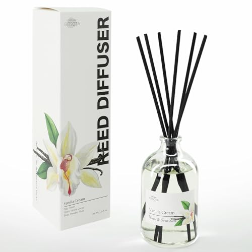 BITSOTA Vanilla Cream Reed Diffuser Set, 3.52 oz (100ml) Aroma Scented Oil Diffuser with Sticks, Long-Lasting Home Fragrance for Bedroom, Bathroom & Office Decor, Ideal Gift for Women