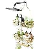 HapiRm Shower Caddy over Shower Head with 2 Soap Holders, Rustproof & Waterproof Hanging Bathroom Organizer with 12 Hooks, No Drilling Hanging Bathroom Caddy - Gold