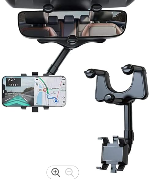 Phone Mount for Rear View Mirror, Hands Free, Compatible Apple + Samsung, 360 Degree, Rotatable and Retractable