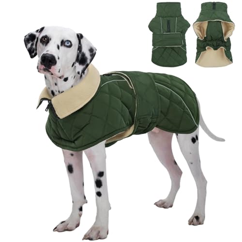 Kuoser Dog Coat, Extra Warm Dog Jacket Windproof Dog Cold Weather Coats for Large Dogs, Fleece Lining Turtleneck Dog Snowsuit Reflective Adjustable Dog Winter Clothes, Green XXXL