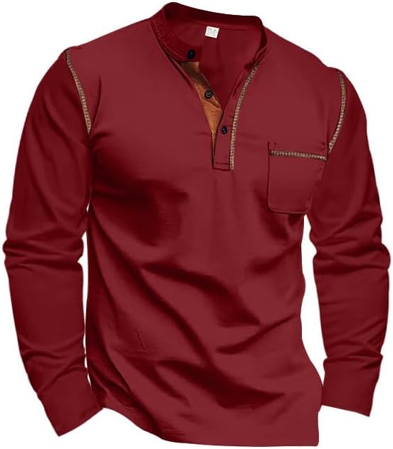 Men Henley Shirts Long Sleeve Top 3 Button Up Casual Loose Fit Pullover T-Shirts with Pocket