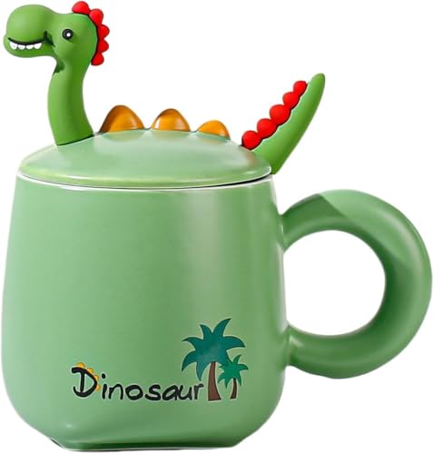 Image of Coffee Mug, Gift for Woman, Birthday Present for Girlfriend, Present for Wife Birthday, Mugs for Present, Holi Gifts, Panda Mug with Lid & Spoon (Dinosaur Green)