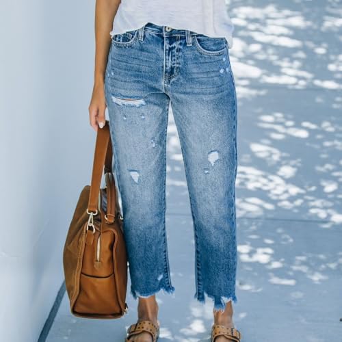 Women's Straight Leg Pants High Waist Ripped Raw Hem Crop Ripped Jeans Boyfriend Pants Frayed3