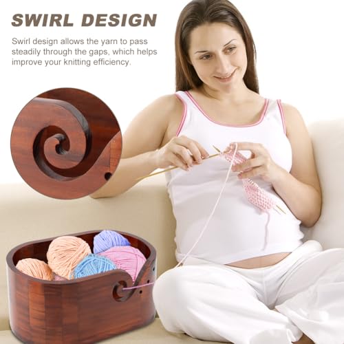 Image of Wooden Yarn Bowl with 9pcs Knitting Hooks,Oval Knitting Yarn Bowl for Crocheting,Handmade Knitting Yarn Holder,Wood Storage Crochet Bowl for Crocheting and Knitting Lovers(Brown)