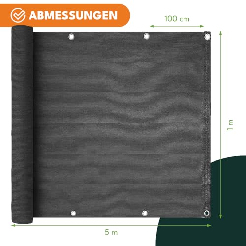 KRUMAD Balkon Sichtschutz 1m x 5m, Wetterfest, 95% Schattierung,180g/m² PEHD, UV- & Windschutz, für Terrasse, Garten & Zaun, Inkl. Schnur, Anthrazitgrau