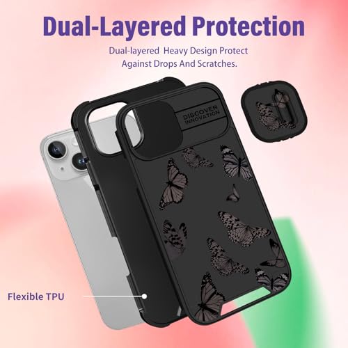 Image of Funermei (2in1 for iPhone 15 Case Butterfly for Women Girls Cute Phone Cover Girly Pretty Kawaii Teens Black Aesthetic Design with Camera Cover Funda for Apple for iPhone 15 Cases