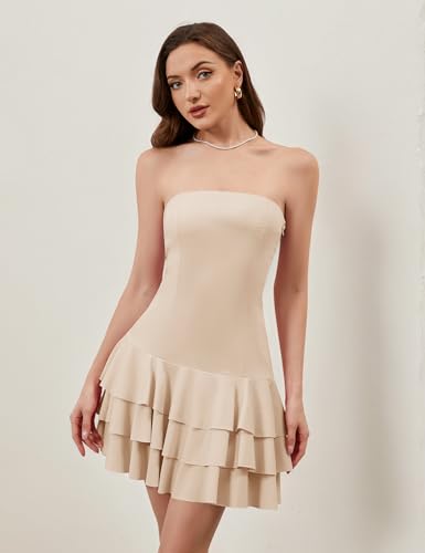 Image of Meladyan Women's 2025 Summer Strapless Tube Dress Sexy Off Shoulder Ruffle Tiered Flowy Mini Dresses Apricot