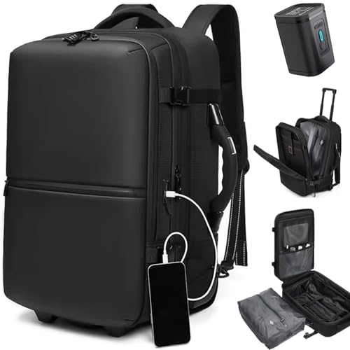 Visnalefry 60L Vacuum Compression Backpack with Wheels Expandable Men Waterproof Carry On Luggage Travel Backpacks 17 inch Laptop Backpack Flight Approved(With Pump)