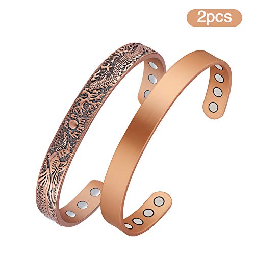 Jecanori Copper Magnetic Bracelets Women Men for Arthritis Magnetic Therapy Adjustable Cuff Bangle Set with 3500 Gauss Magnets (Dragon Phoenix | Uncoated Sleek)
