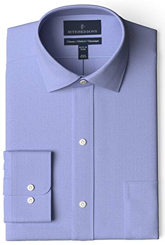 Amazon Brand - Buttoned Down Men's Classic-Fit Spread Collar Solid Non-Iron Dress Shirt, Blue, 17.5
