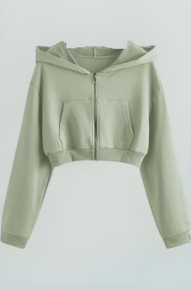 2 Pc Collection Casual Wear Solid Crop Zipper Jacket Hooded Neck Full Sleeves Hoodie for Women