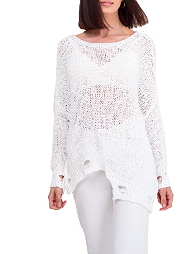 SOVENTUS FASHION Damen Strickpullover Oversize grobmaschig Grobstrick Sommer Weiss Baumwolle Cover