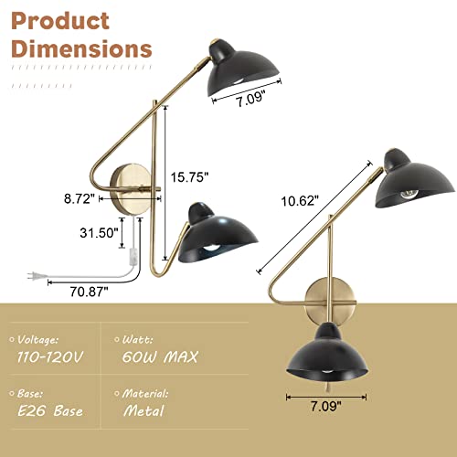Image of 2-Light Plug in Wall Sconces, Black and Gold Swing Arms Wall Lamp for Living Room Bedroom Bedside Wall Light with Plug Cord