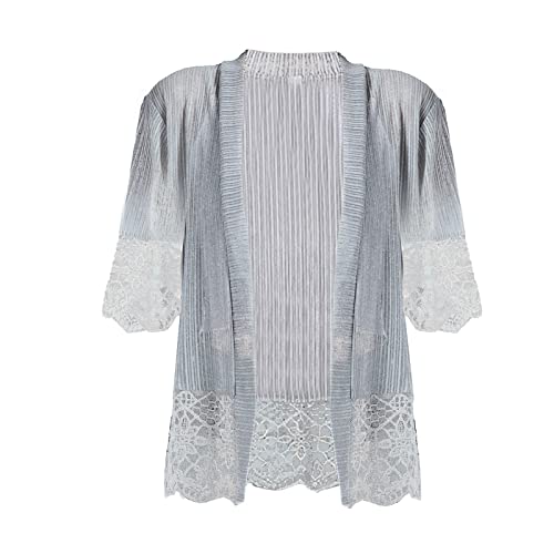 Cárdigan de encaje para mujer, ligero, casual, versátil, ajuste regular, manga corta, a la moda, para salir, suave, para verano, malla frontal abierta, gris, M