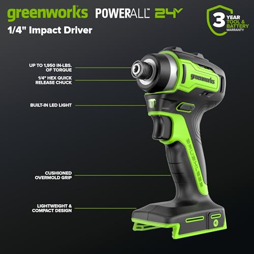 Image of Greenworks 24V Brushless Cordless Impact Driver (1950 in-lbs.), 1 /4 inch Hex Collet, 2.0Ah USB-C Battery, 30W USB-C Charger & 3.3FT Braided Cable, Compatible with iPhone /iPad /Samsung & More