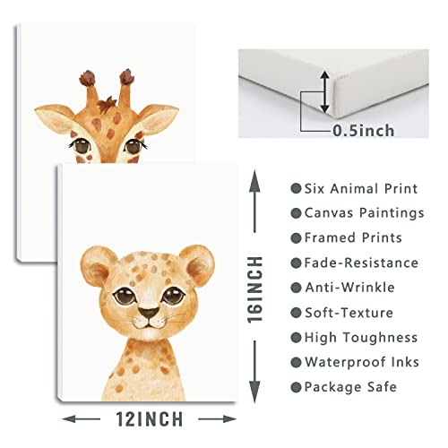 Bincue Cute Zoo Animals Canvas Wall Art Prints For Kids Nursery Baby Room Decor Lion Monkey Elephant Giraffe Leopard Zebra Wild Animals 6 Pieces Framed Canvas 12" X 16" #TOP5