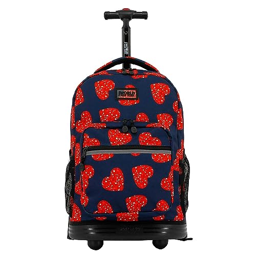 J World New York Sunrise Kids Rolling Backpack for Girls Boys Teen. Roller Bookbag with Wheels, Love Spangle, 18"