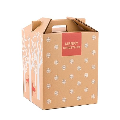 Pack de 4 cajas de cartón para lote con asas. Lote o cesta con impresión navideña para regalo de panera, botellas, envío lote. Capacidad para 9 botellas