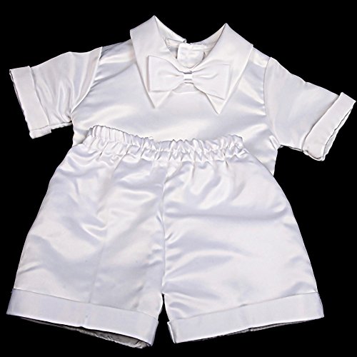 Dressy Daisy Baby Boys Baptism Christening Clothing Outfit White Satin Suit 4 Piece Set With Bonnet Size 0-3 Months Short Sleeve #TOP4