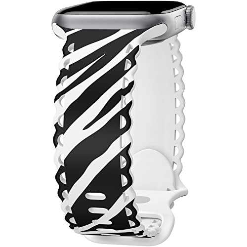 Image of Compatible with Apple Watch Band 41mm 40mm 38mm 49mm 45mm 44mm 42mm Women Girl, Zebra Print Lace Hollow-out Soft Silicone Sport Bands For iWatch Ultra SE Series 10 9 8 7 6 5 4 3 2, Zeb-38