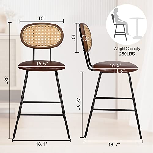 Sunseen Counter Stools Rattan Back Dining Chair,Indoor Faux Leather Bar Stools Set Of 2, Armless Dining Chairs With Rattan Backrest,24" Modern Metal Counter Height Barstools Dark Brown #TOP2