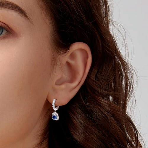 Dangle Hoop Earrings Sterling Silver Huggie Earrings with Princess Cut Blue Square Halo CZ Charm Dangling Drop Cartilage Cuff Earring Hypoallergenic Jewelry For Women Wife Party Birthday Wedding Gifts4