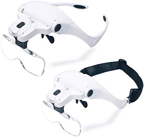 OGC LED Headband Illuminated Head Magnifier Visor - 1X to 3.5X Zoom with 5 Detachable Lenses - Hands Free Head Worn Lighted Magnifying Glasses (White)