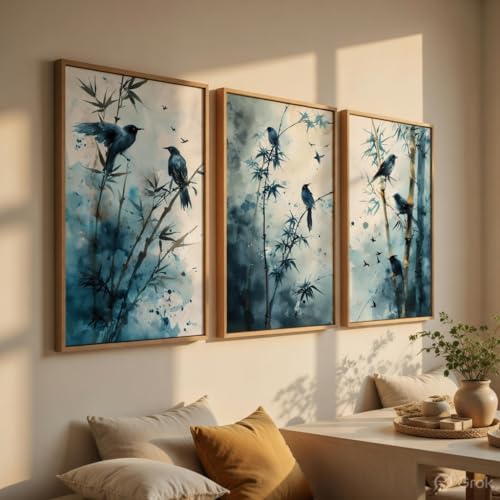 Image of Artify Bird Bamboo Wall Painting Set of 3 with Wooden Frames | Modern Nature Bird Artwork HD Sparkle Laminated MDF Wall Decor | Elegant Bamboo Bird Wall Art for Living Room
